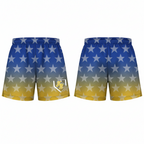 Flat lay of blue-to-yellow ombre athletic shorts with an all-over white star pattern and a gold home plate logo on the left leg, shown front and back.