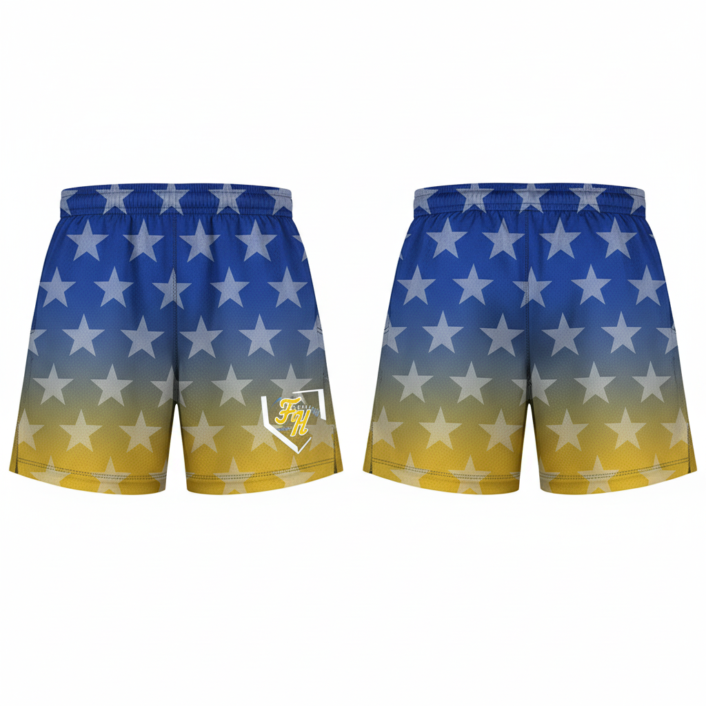 Flat lay of blue-to-yellow ombre athletic shorts with an all-over white star pattern and a gold home plate logo on the left leg, shown front and back.