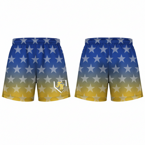 Flat lay of blue-to-yellow ombre athletic shorts with an all-over white star pattern and a gold home plate logo on the left leg, shown front and back.