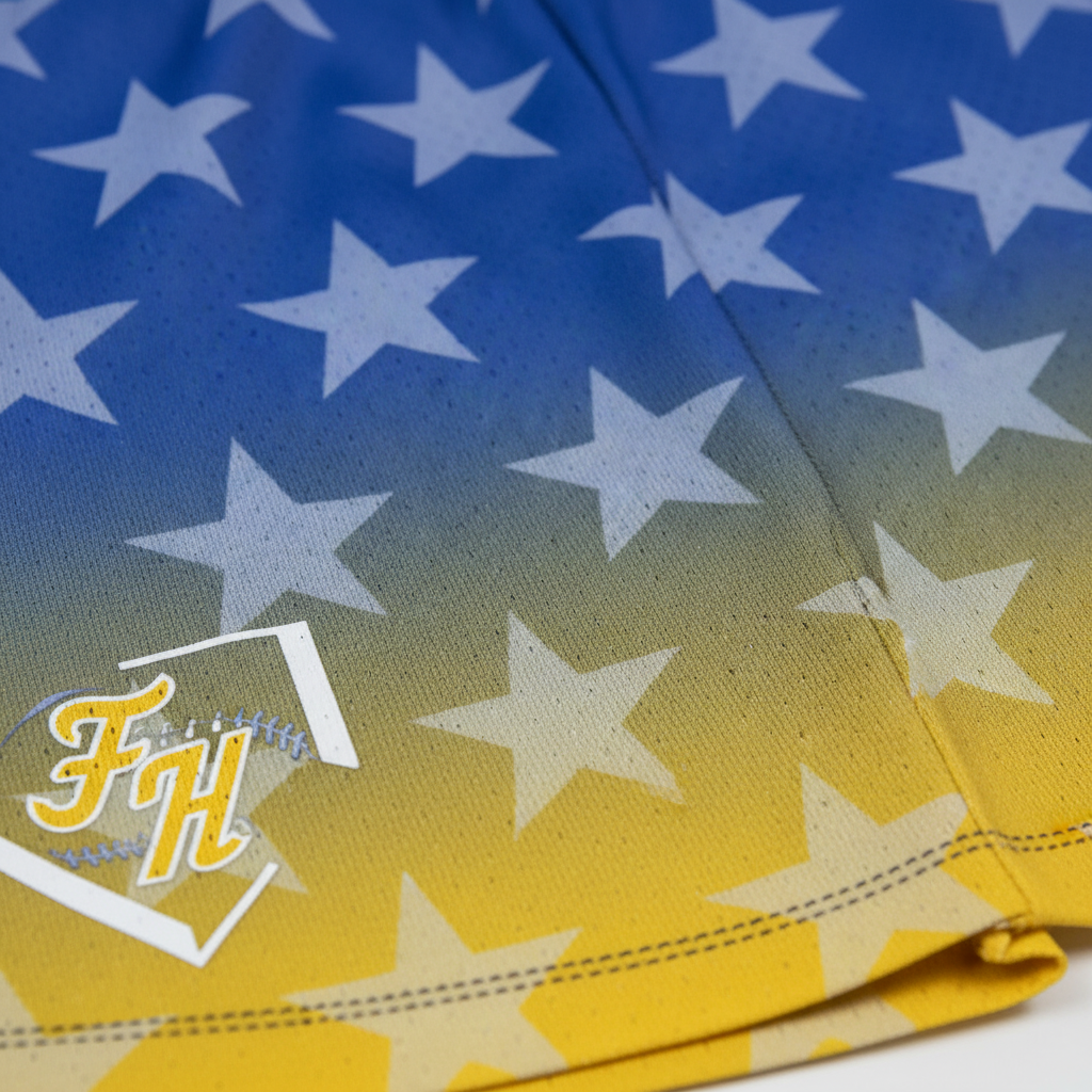 Close-up of the blue-to-yellow ombre star print fabric and gold home plate logo on custom baseball shorts.