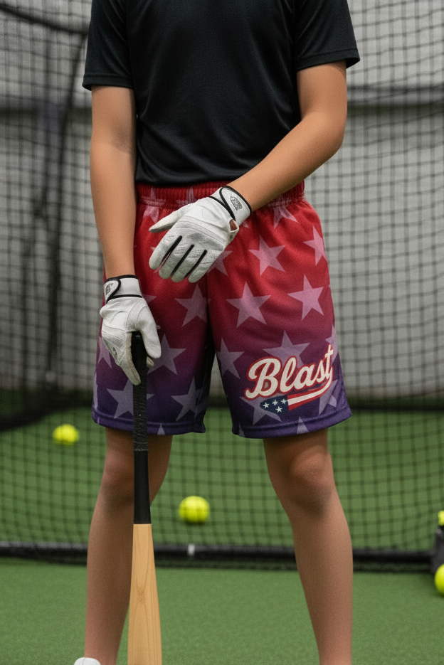 Young athlete wearing red-to-purple ombre star print baseball shorts, holding a bat in an indoor batting cage.